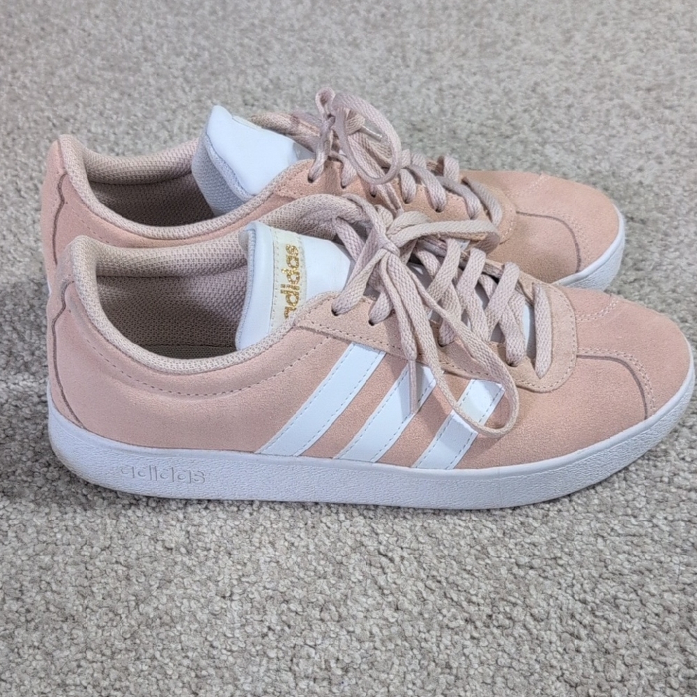 Adidas Women's Soft Pink Sneakers with White Stripes